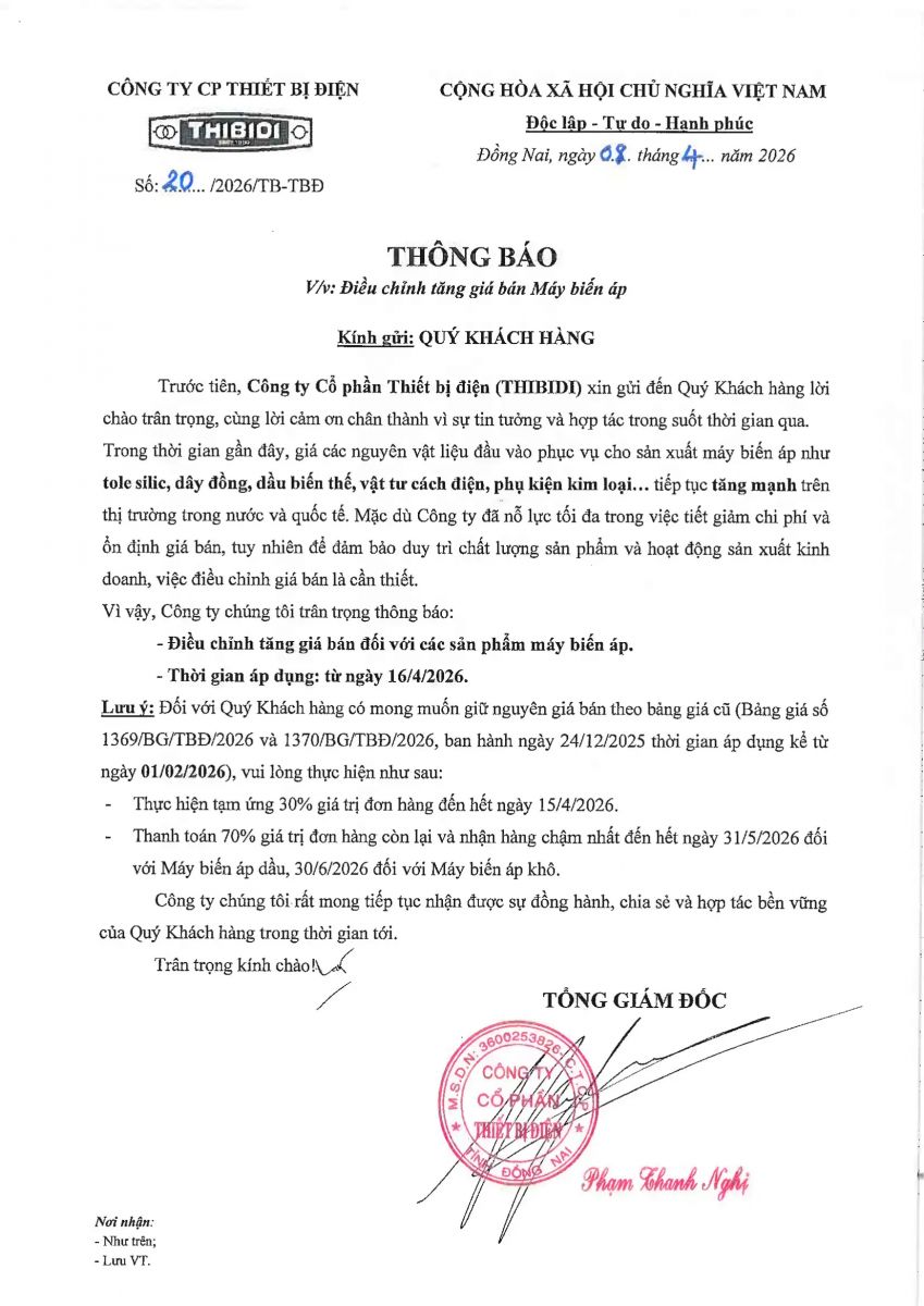 THIBIDI Thông báo về việc tăng giá bán MBA ngày 16/04/2026