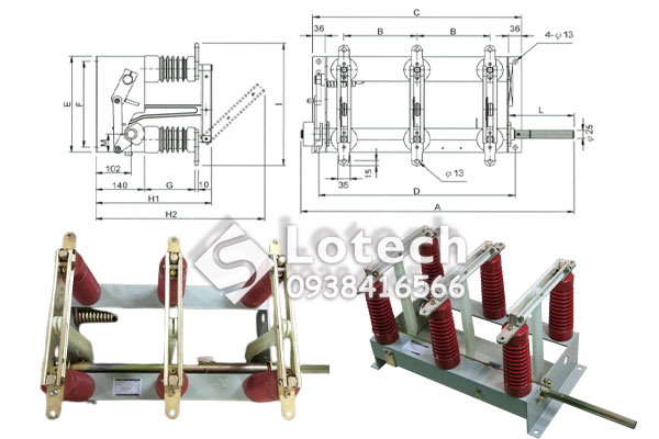 Bản vẽ cấu tạo Dao cách ly DS 3P 24kV 630A JAKER