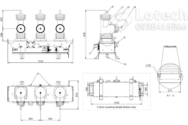 Bản vẽ cấu tạo kích thước Recloser ABB OVR-27