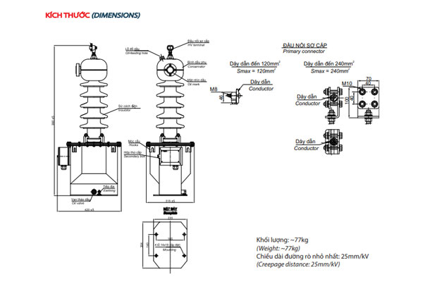 Bản vẽ cấu tạo máy biến áp đo lường EMIC 35kV ngâm dầu 1 sứ