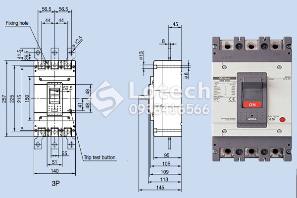 Bản vẽ cấu tạo MCCB 3P 400A ABS403c