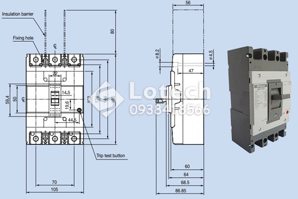 Bản vẽ cấu tạo MCCB LS ABS203c 150A