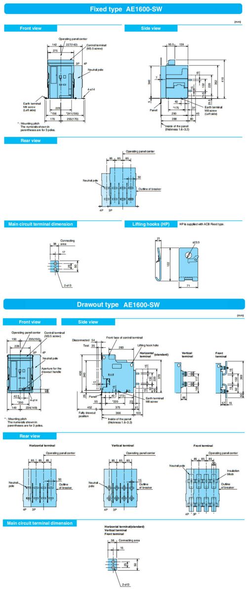 Bản vẽ cấu tạo và kích thước ACB Mitsubishi AE1600-SW