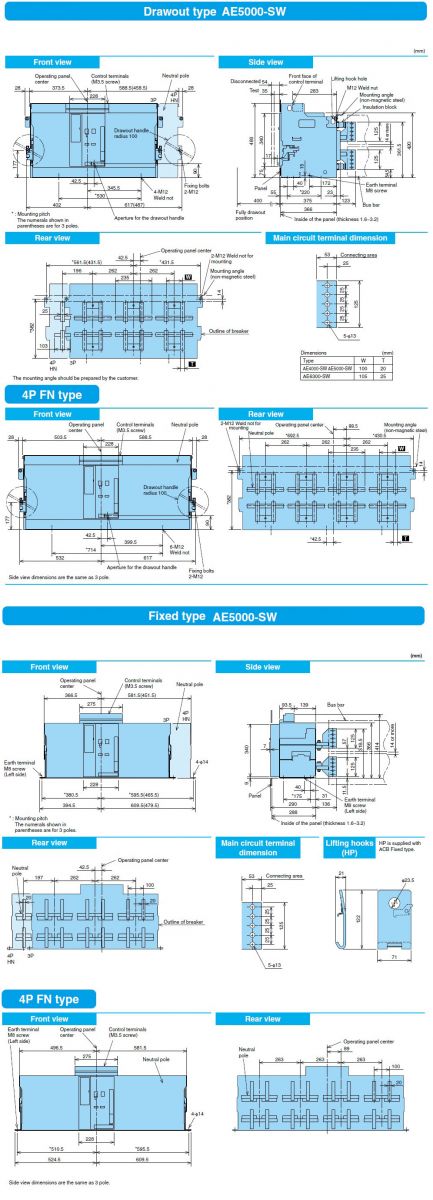 Bản vẽ cấu tạo và kích thước ACB Mitsubishi AE5000-SW