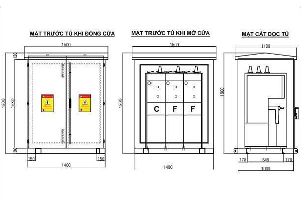 Bản vẽ cấu tạo vỏ tủ trung thế 3 ngăn ABB CFF