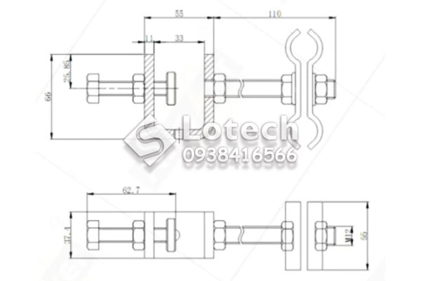 Bản vẽ kích thước kẹp cáp quang OPGW trên cột thép