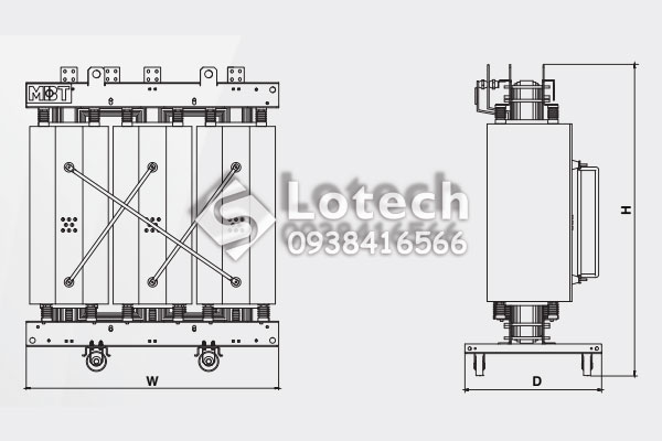 Bản vẽ kích thước máy biến áp khô MBT 3 pha 22/0.4kV 