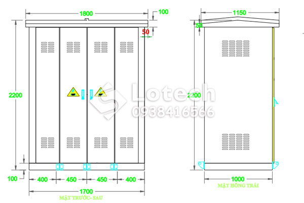 Bản vẽ Lotech vỏ tủ trạm RMU 4 ngăn