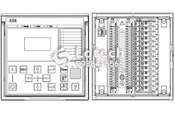 Bản vẽ mặt trước và vị trí đấu nối Relay REF615 ABB