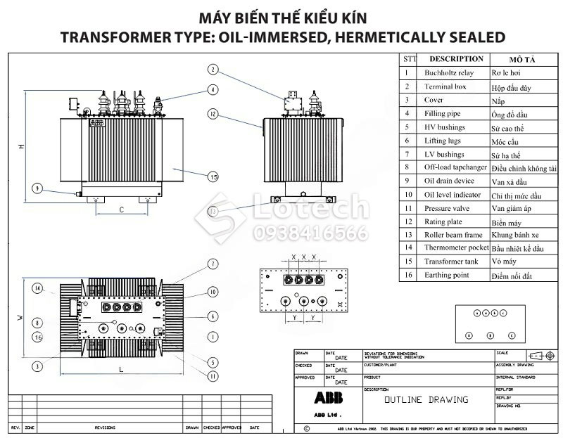 Bản vẽ máy biến áp dầu ABB kiểu kín