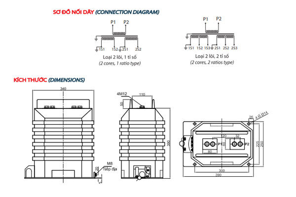 Bản vẽ và sơ đồ nối dây biến dòng đo lường TI 35kV đúc Epoxy trong nhà