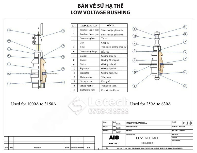 Bản vẽ sứ hạ thế máy biến áp dầu ABB kiểu kín