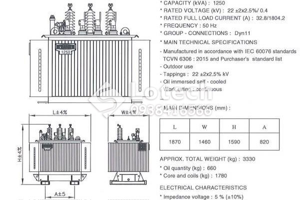 Bản vẽ và thông số máy biến áp 1250kVA THIBIDI