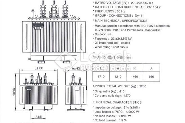Bản vẽ và thông số máy biến áp 800kVA THIBIDI