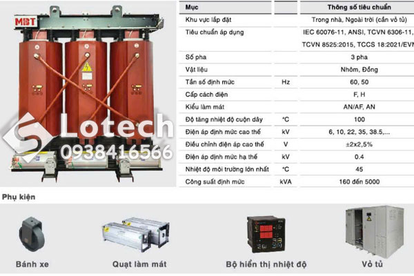 Cấu tạo và thông số máy biến áp khô MBT