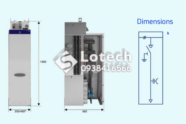 Kích thước ngăn tủ dao cắt tải RMU Ormazabal gae-k