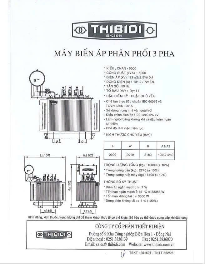 Máy biến áp THIBIDI 3 pha 5000kVA bản vẽ loại có bình dầu phụ