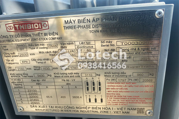 Nameplate máy biến áp 2500kVA THIBIDI