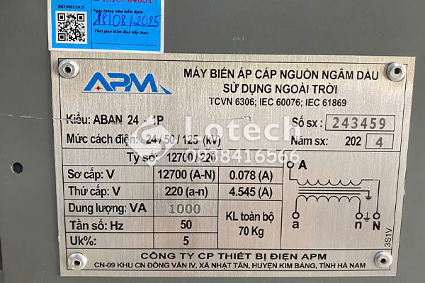 Nameplate máy biến áp cấp nguồn Recloser hãng APM