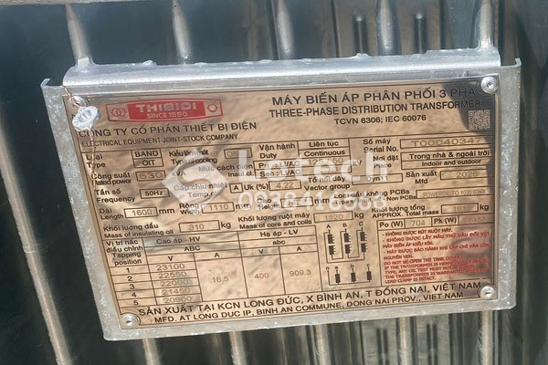 Nameplate thông số máy biến áp 630kVA THIBIDI