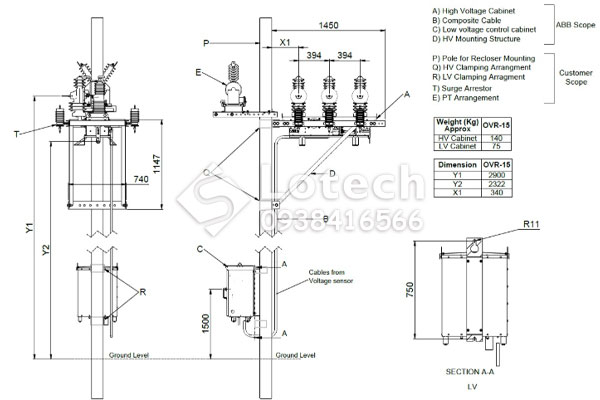 Sơ đồ lắp đặt Recloser ABB trên cột ngoài trời