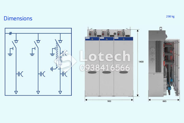 Sơ đồ nguyên lý và kích thước tủ RMU Ormazabal ga/gae630 - 2k1ts