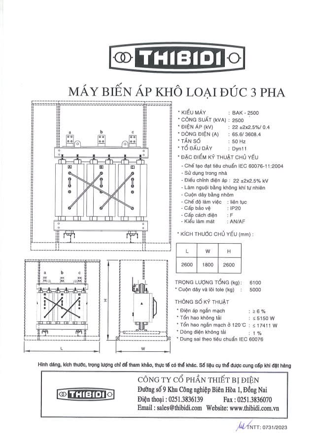 Spec máy biến áp khô 2500kVA THIBIDI