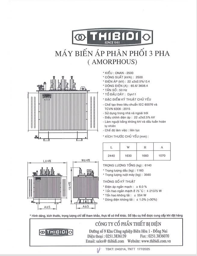 Spec máy biến áp THIBIDI Amorphous 2500kVA