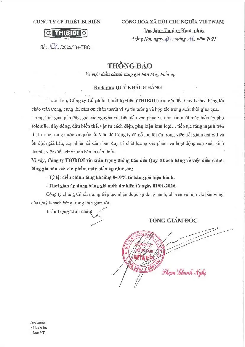 Thông báo tăng giá bán máy biến áp THIBIDI